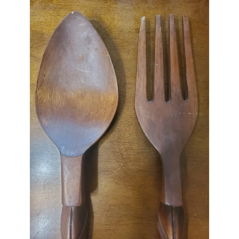 Vintage Hand Carved Wooden Fork and Spoon 20